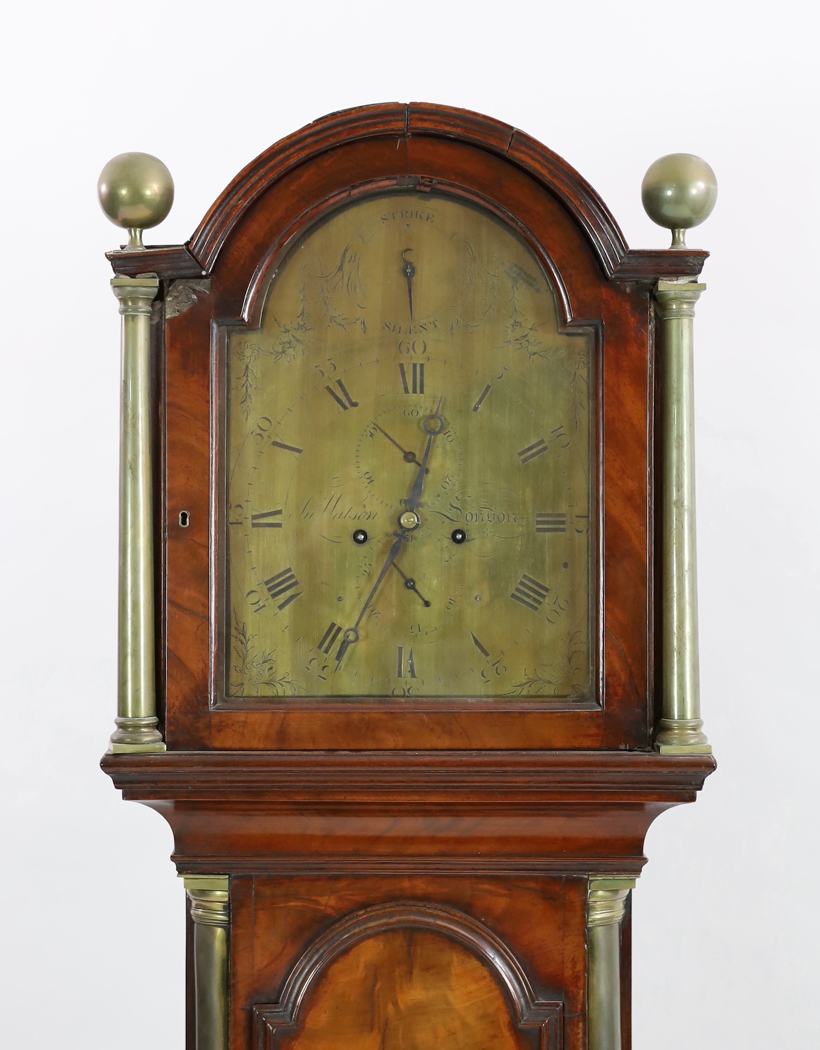 Jonathon Watson of London. A George III brass mounted mahogany eight day longcase clock, 49cm wide, 211cm high